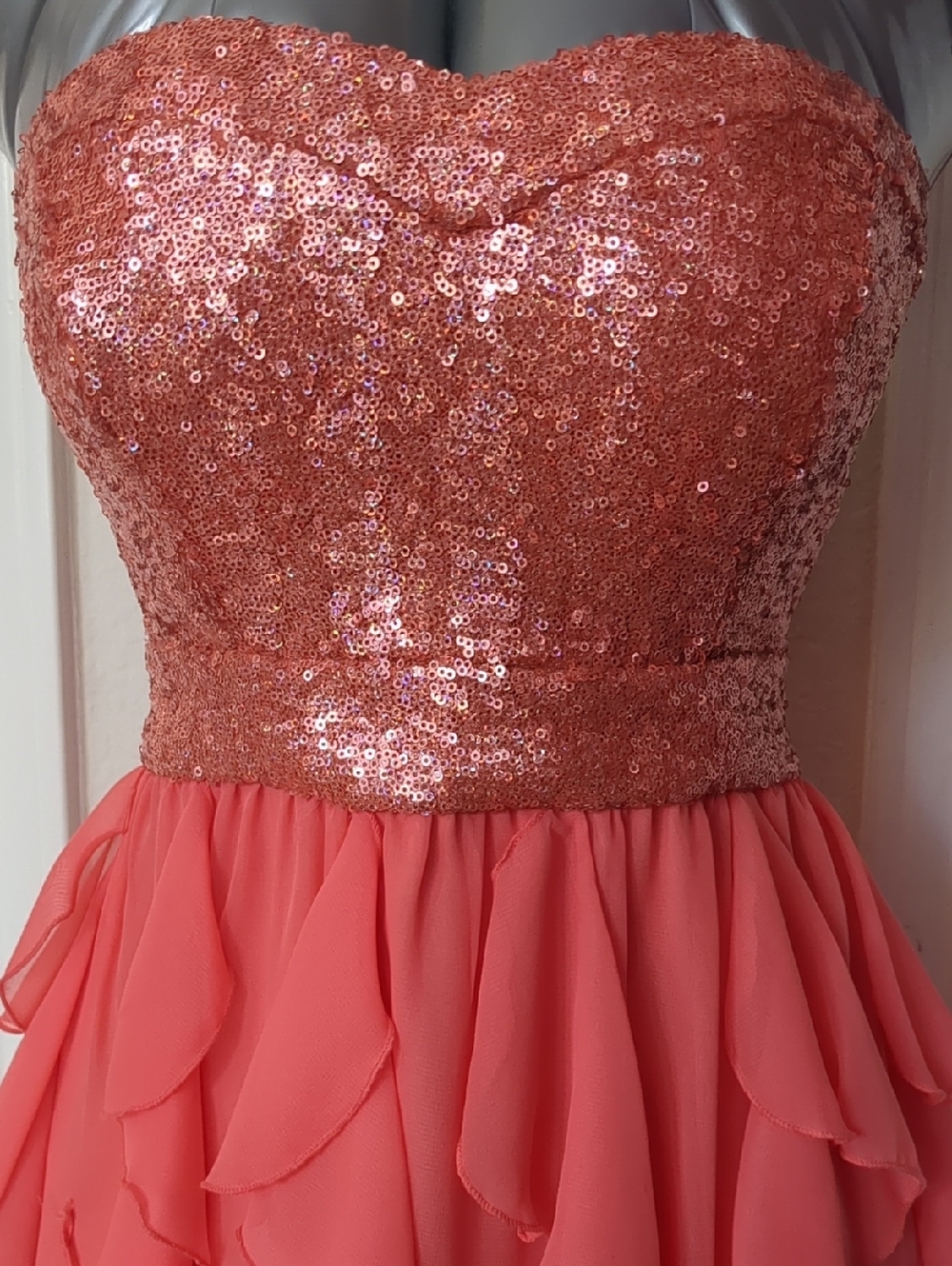Windsor Coral Pink Strapless Sequin Bodice-Shifon Ruffle-Tiers Skirt/Mini Dress - Picture 3 of 13